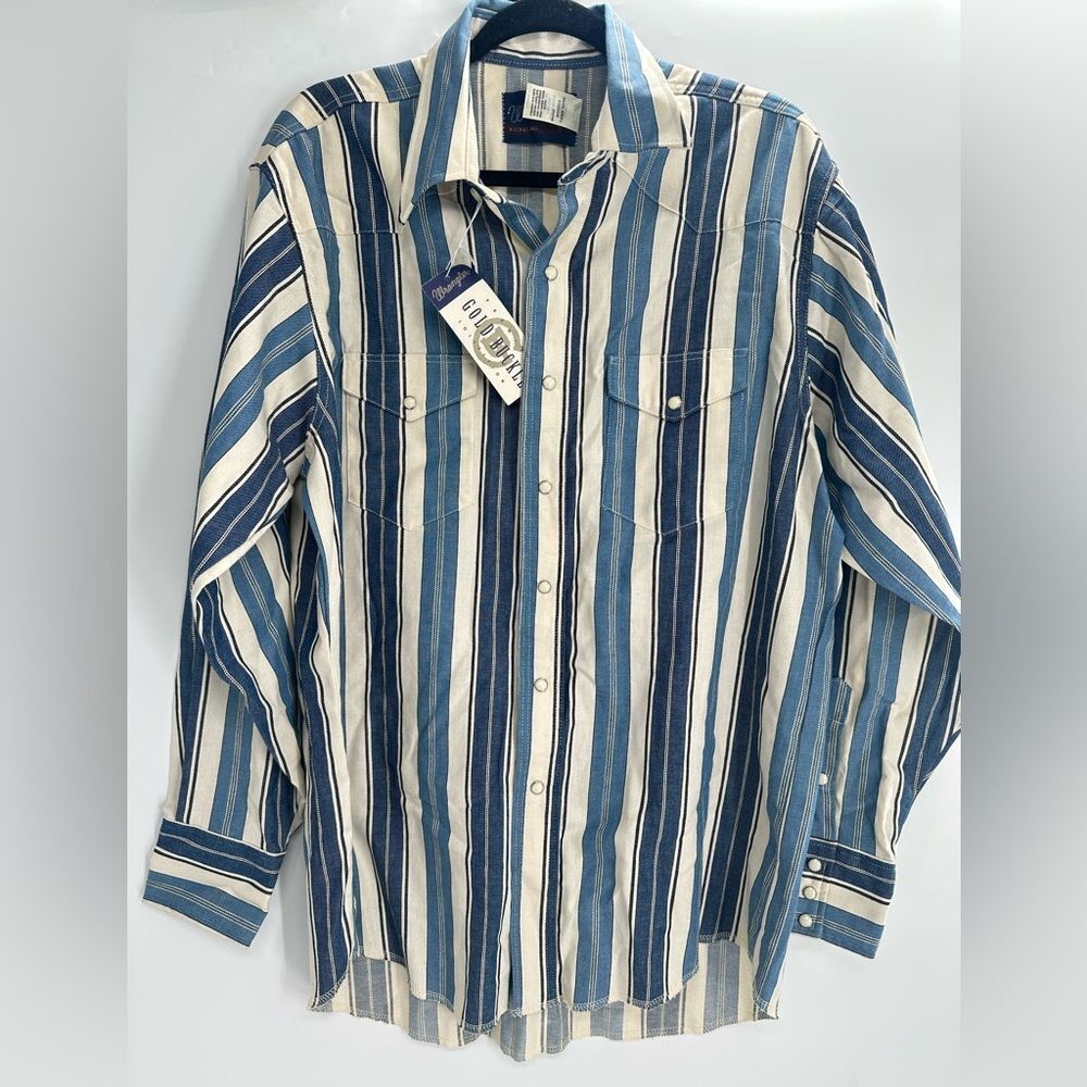 VTG Wrangler Striped Cowboy Button Up Shirt Mens 17-35 XLong Tails Regular Fit